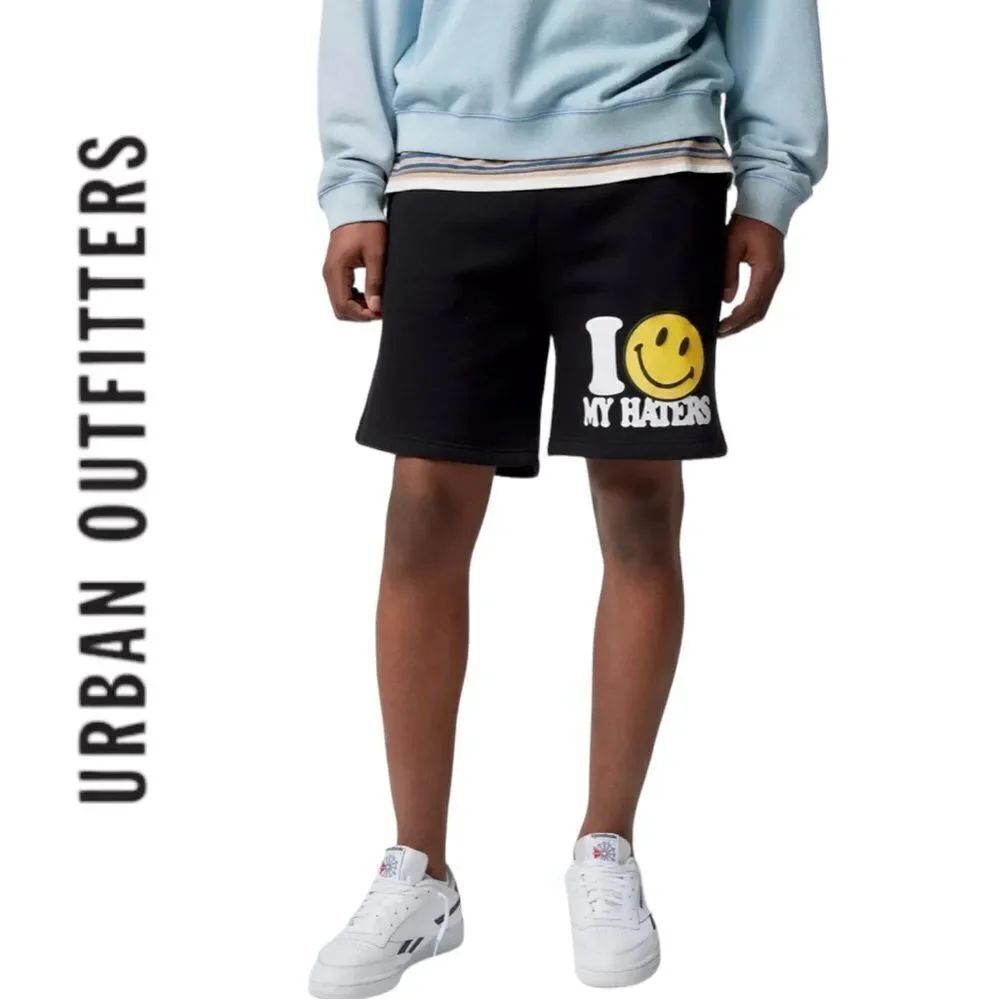 UO Urban Outfitters Market X Smiley Love My Haters Black Sweat Shorts NEW